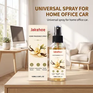 Gedetailleerd overzicht van Jakehoe 100ml vanille huisspray en doos in een lichte kamer