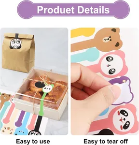 Primer plano de pegatinas decorativas de animales para cajas de panadería y empaques
