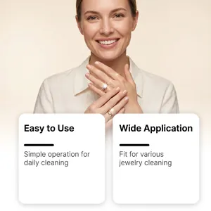 Close-up of a smiling woman showing sparkling clean rings after jewelry maintenance.