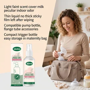 Close-up of breast pump cleaner spray bottle and packaging in a nursery setting