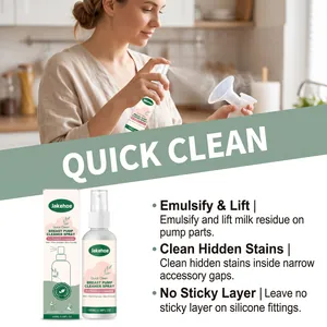 Breast pump cleaner spray demonstration showing effective milk residue removal process