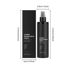 Detailed dimensions of 100ml fabric refresher spray bottle and packaging box in matte black