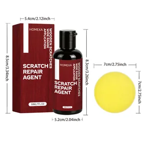 Detail view of 30ml wood scratch repair agent bottle, box, and sponge with dimensions.