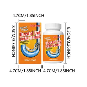 Detailed dimensions of Jakehoe Crystal Lye Drain Opener 100g bottle and box packaging