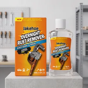 Jakehoe overnight rust remover 100ml liquid solution with packaging box on workshop table
