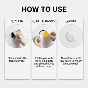 Three-step guide for applying waterproof wall repair sealing putty with a scraper.