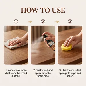Detailed three-step instructional guide showing how to use wood polish for furniture care.