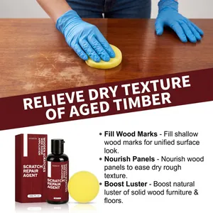 Demonstration of scratch repair agent application on wooden table with product setup