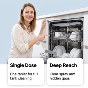 Woman showing clean dishes after using single dose dishwasher cleaning tablets