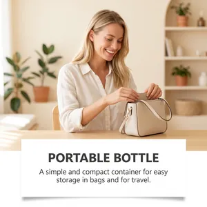 Close-up of a woman placing a compact portable spray bottle into a stylish white handbag