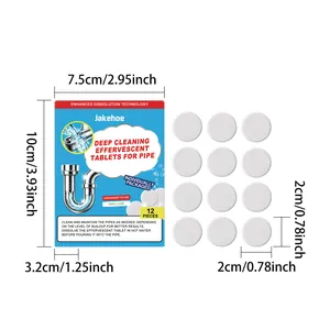 Detailed dimensions of Jakehoe 12-piece pipe cleaning effervescent tablets and box