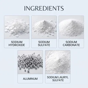 Detailaufnahmen von Rohrreinigungspulverbestandteilen wie Natriumhydroxid und Aluminium.