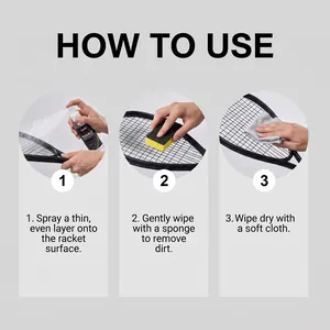Detailed step-by-step guide showing how to spray and wipe clean a sports racket