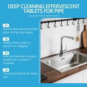 Detailed benefits of deep cleaning effervescent tablets shown with a kitchen sink scene