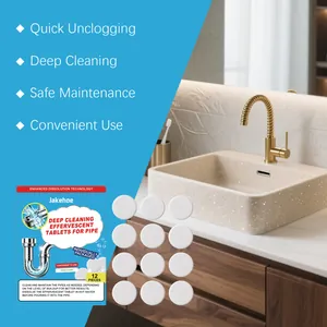 Detail showing Jakehoe pipe cleaning effervescent tablets with a bathroom sink background