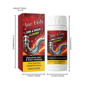 Detailed size guide for Jue Fish 100g sink and drain cleaner powder bottle and box