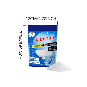 Detailed view of Jakehoe 100g drain cleaner powder with dimensions in cm and inches