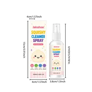Detailed dimensions showing the JAKEHOE 100ml squishy toy cleaner spray bottle and box.