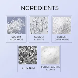 Detailed ingredient chart for drain cleaner showing sodium hydroxide and aluminum