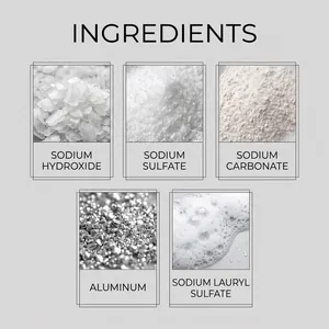 Detailed ingredient list for drain cleaner powder featuring sodium hydroxide and aluminum