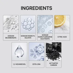 Detail showing key ingredients of washing machine cleaner like citric acid and carbon