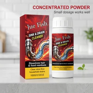 Detailed view of Jue Fish sink and drain cleaner powder packaging and white bottle