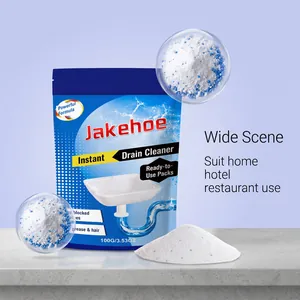 Detailed view of Jakehoe instant drain cleaner powder with granules and pouch packaging