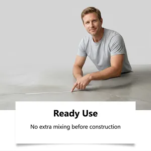 Detail showing ready-to-use concrete crack filler applied on a grey floor surface.