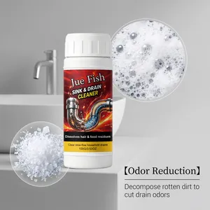 Detailed view of Jue Fish sink and drain cleaner powder granules and active foam effect