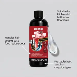 Krachtige JAKEHOE vloeibare ontstopper voor gootstenen en doucheputjes in 100ml verpakking.