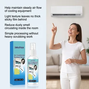 JAKEHOE air conditioner renewal spray showing bottle with woman pointing at AC unit