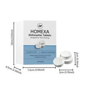 Dimensiones de la caja de pastillas para lavavajillas HOMEXA y 24 pastillas individuales