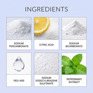 Ingredientes detallados de pastillas lavavajillas con ácido cítrico y extracto de menta