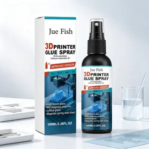 Detail view of Jue Fish 3D printer glue spray bottle with 100ml packaging box on desk