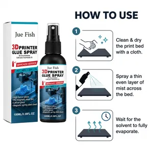 3D printer glue spray usage guide showing cleaning, spraying, and evaporation steps.