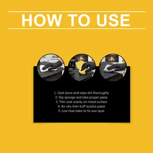 Illustrated how-to-use guide for applying iron stove black restoration and care paste.