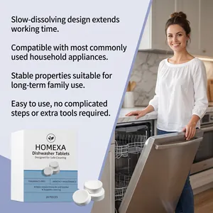 Escena de estilo de vida con pastillas para lavavajillas HOMEXA para un mantenimiento fácil.