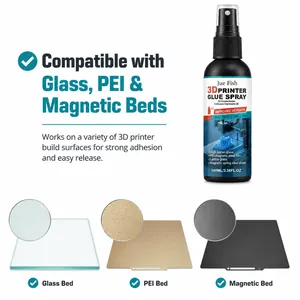 3D printer glue spray detail showing compatibility with Glass, PEI and Magnetic beds