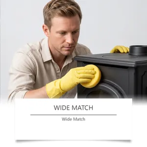 Demonstration of applying black care cream to a cast iron stove with a sponge
