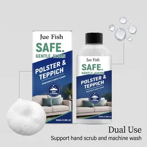 Jue Fish Polster- und Teppichreiniger, Flasche und Verpackung mit Schaumdetailansicht