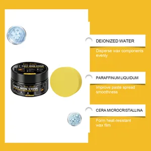 Ingredients of cast iron stove restoration paste showing deionized water and wax components