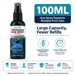 100ml 3D printer glue spray details showing features like anti-warping and wide compatibility.