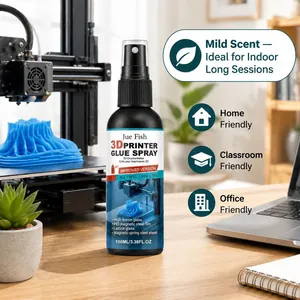 Detail of Jue Fish 3D printer glue spray bottle in a home office printing setup.