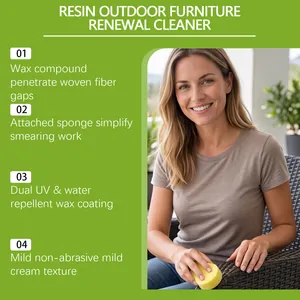 Professional outdoor resin furniture renewal cream being applied to woven chair with sponge