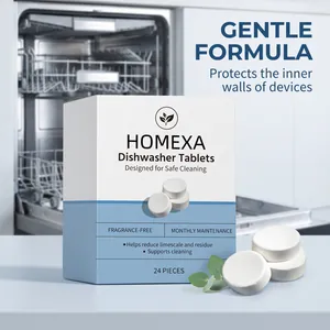 Detalle de las pastillas para lavavajillas Homexa con envase y pastillas individuales