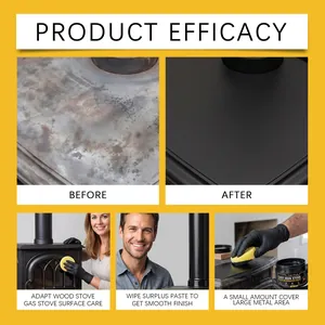Step-by-step guide showing before and after efficacy of cast iron stove restoration paste