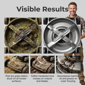 Detailed results of lawn mower cleaning spray removing grass debris, mud, and oil