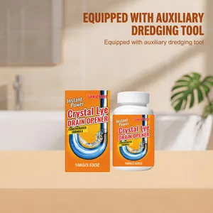 Jakehoe 100g powerful crystal lye drain opener bottle and box in a bathroom setting.