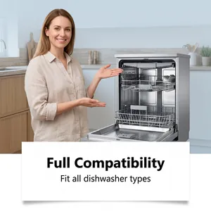 Woman presenting a dishwasher showing full compatibility for cleaning tablets
