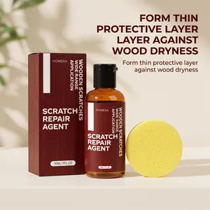 Detail view of HOMEXA wood scratch repair agent with bottle, box, and sponge applicator.